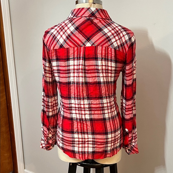 Red Blue and White Plaid Button Down Collard Shirt for Women Soft & Casual - Picture 7 of 11